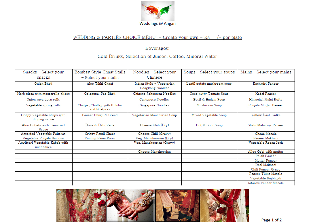 Angan Wedding Menu